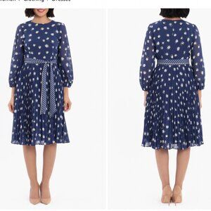Dot Print Long Sleeve Pleated Midi Dress